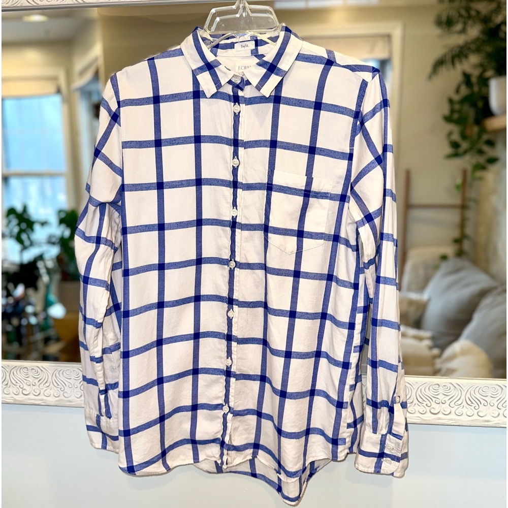 J.Crew 100% Cotton Blue & White Plaid Checkered Boy Fit Long Sleeve Button Top S